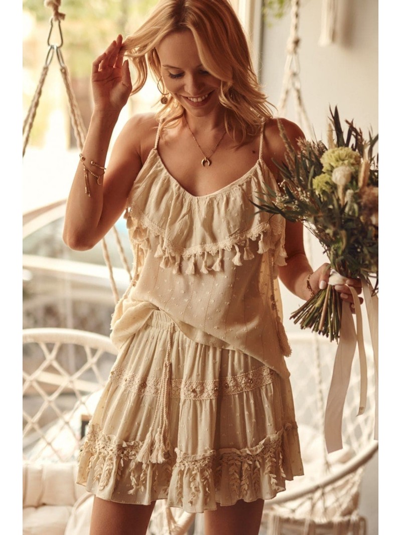 Boho blouse with tassels on straps, beige 4509 - Online store - Boutique